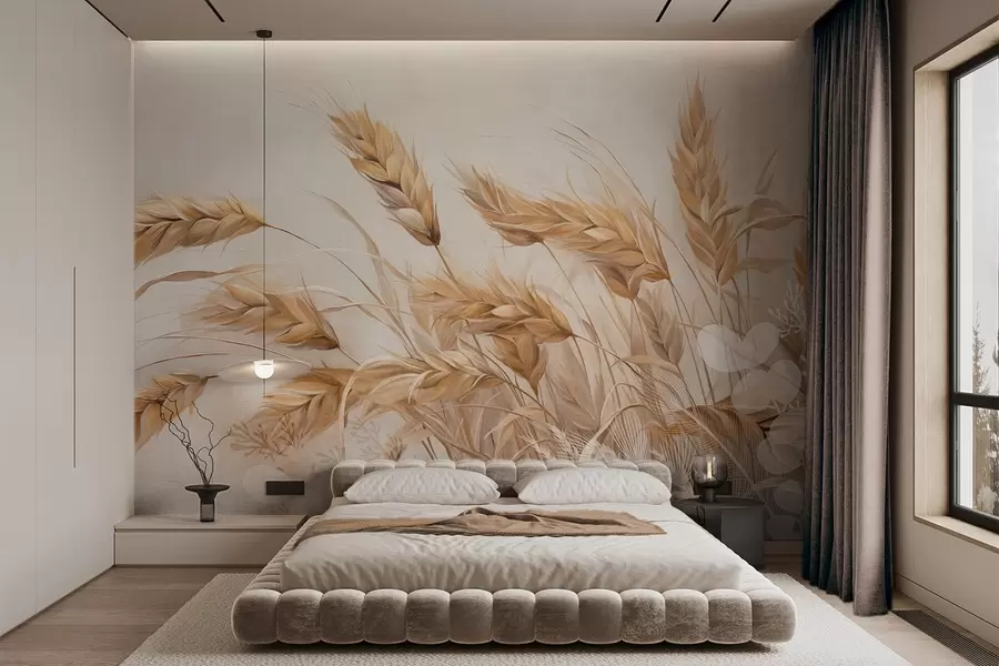 wall murals Поље текстуриране пшеницом са беж класјевима жита које се њишу на ветру, меке и пригушене боје, стварајући осећај топлине w09264