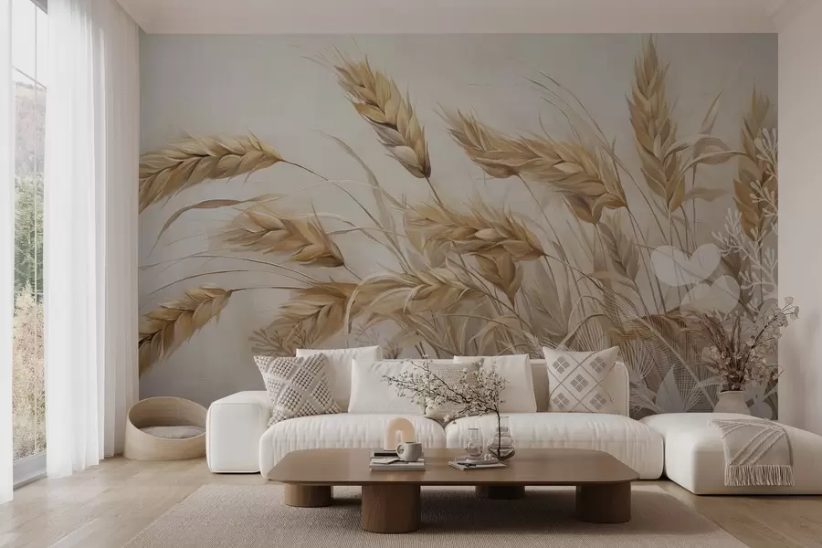 wall murals Поље текстуриране пшеницом са беж класјевима жита које се њишу на ветру, меке и пригушене боје, стварајући осећај топлине w09264