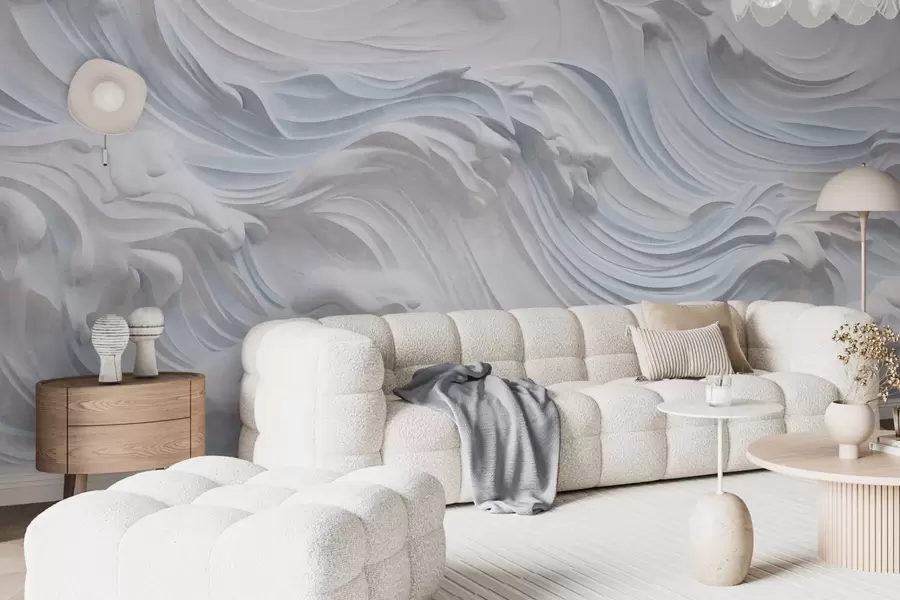 wall murals Бели и светлоплави текстурирани апстрактни океански таласи са пеном, који теку с лева на десно, динамичан и текстуриран отисак w09266