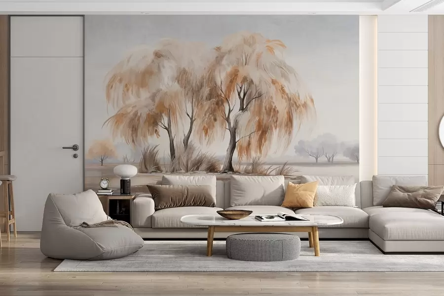 wall murals Текстуриране врбе са смеђим и белим лишћем на обали језера, са мало траве око њих, у магловитом дану w09268