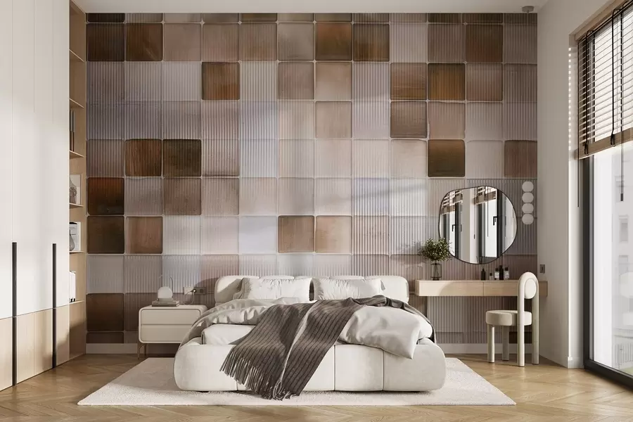 wall murals Квадратне мозаичне камене плочице у нијансама браон, беж и беле са апстрактном жлебљеном зрнастом бучном текстуром w09269