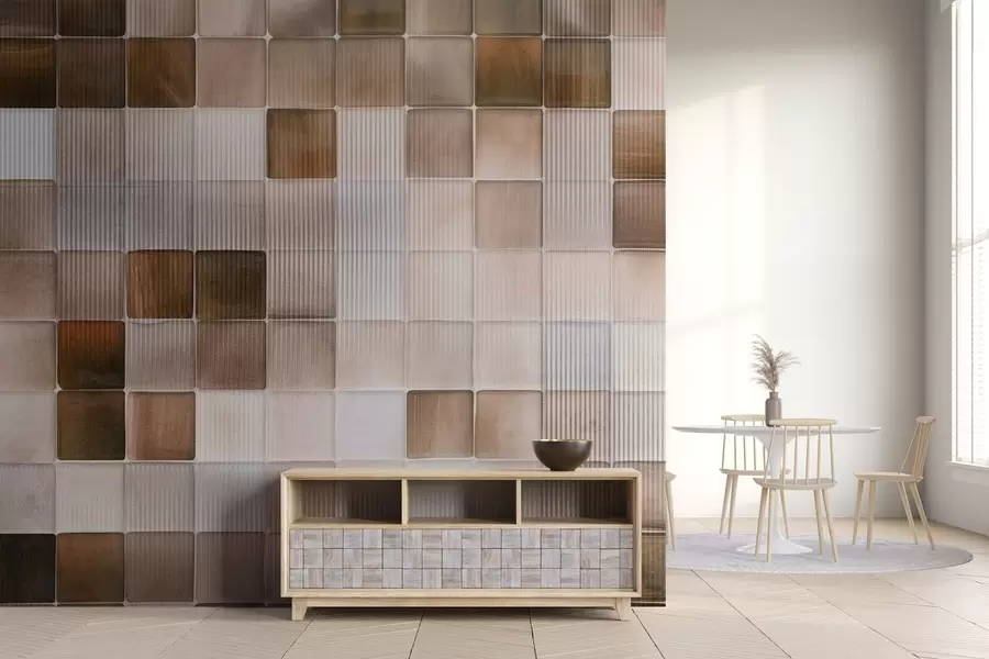 wall murals Квадратне мозаичне камене плочице у нијансама браон, беж и беле са апстрактном жлебљеном зрнастом бучном текстуром w09269