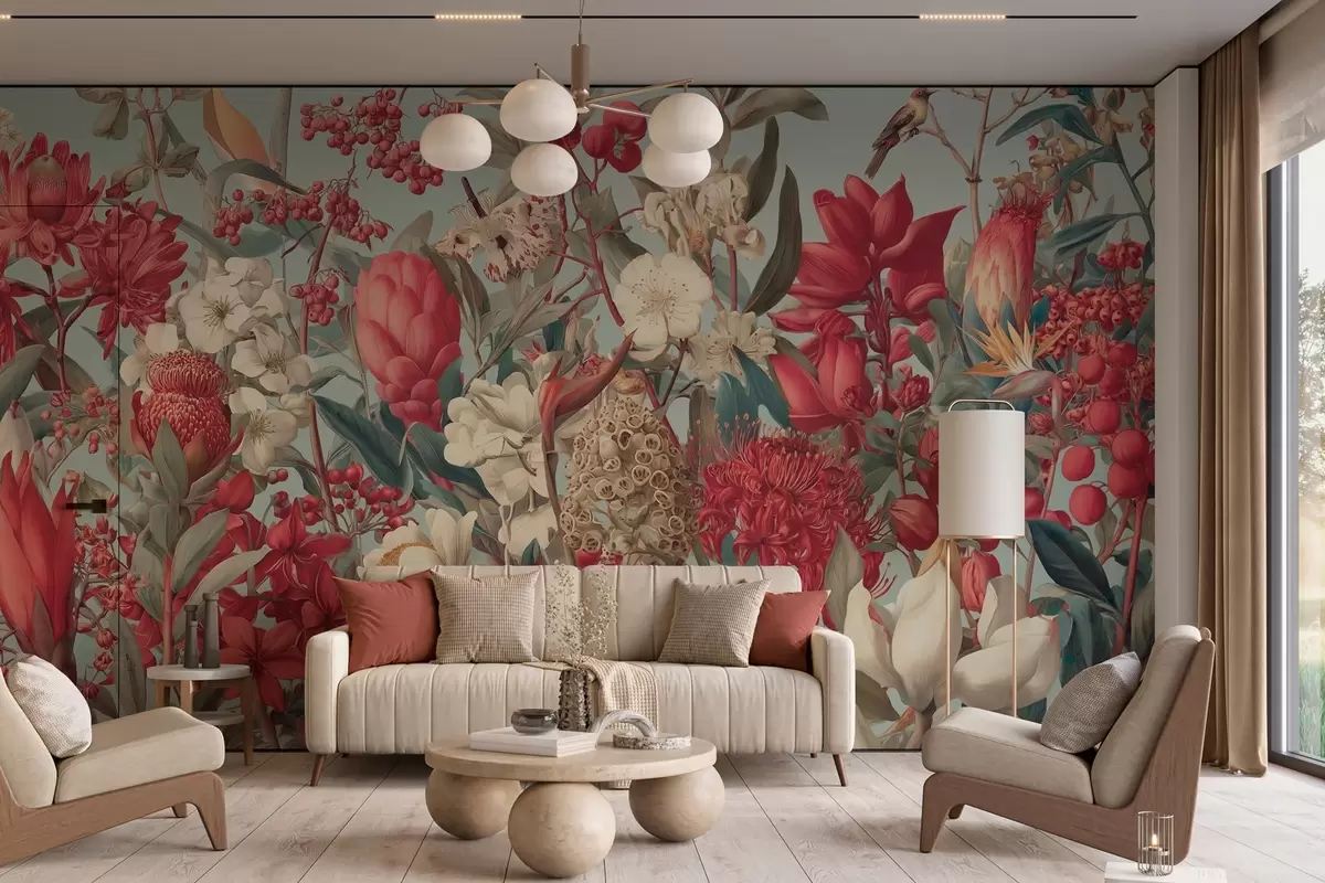 wall murals текстурирано тропско цвеће на плавој позадини w04209