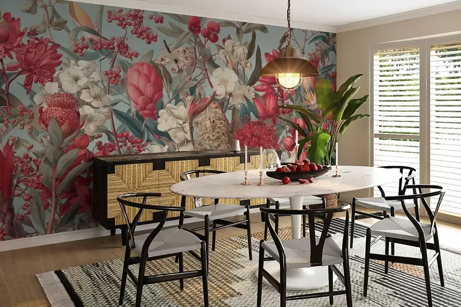 wall murals текстурирано тропско цвеће на плавој позадини w04209