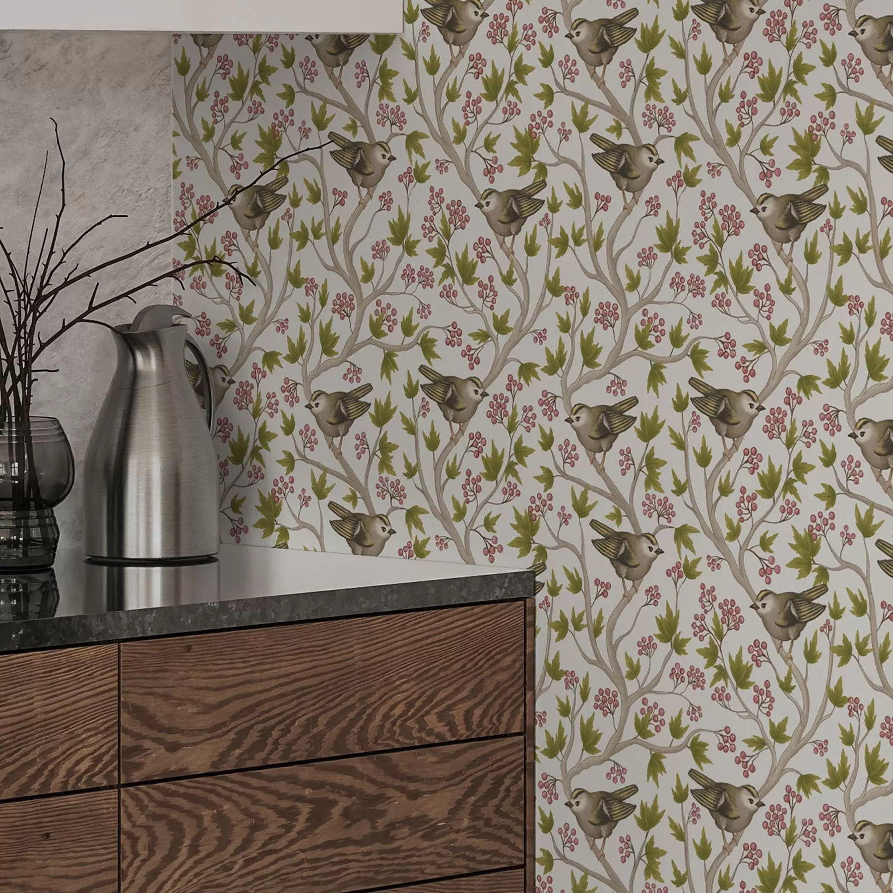 wall murals Птице на гранама са лишћем и бобицама на белој позадини a00283