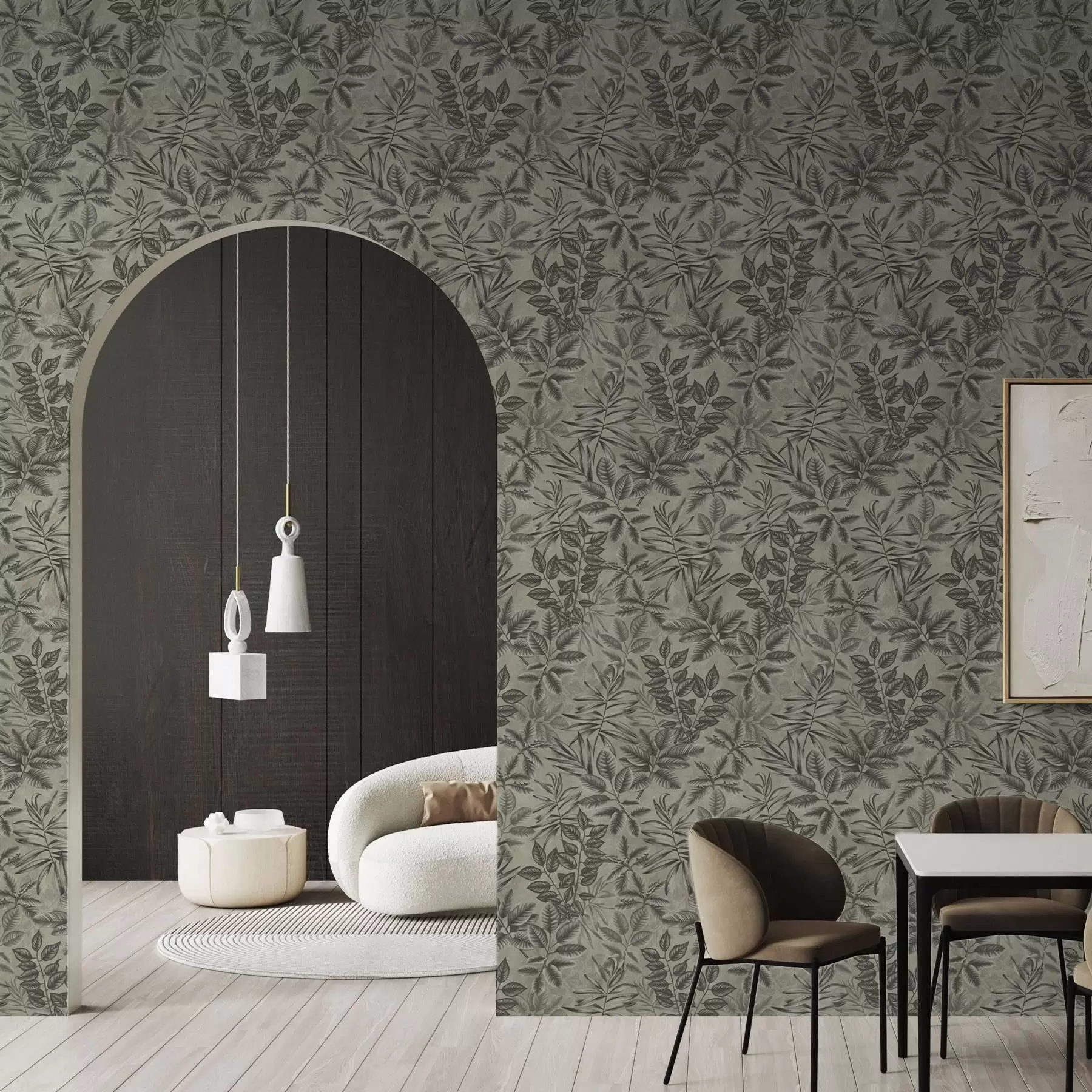 wall murals Сиво тропско лишће различитих облика на винтаге позадини a00297