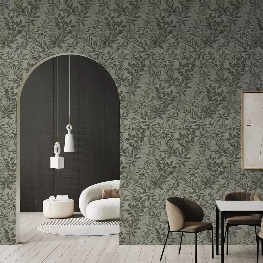 wall murals Сиво тропско лишће различитих облика на винтаге позадини a00297