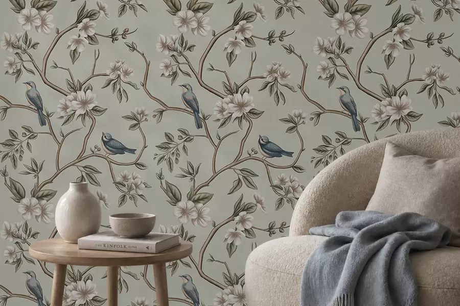 wall murals Гране са птицама и белим цвећем на нежној позадини a00303