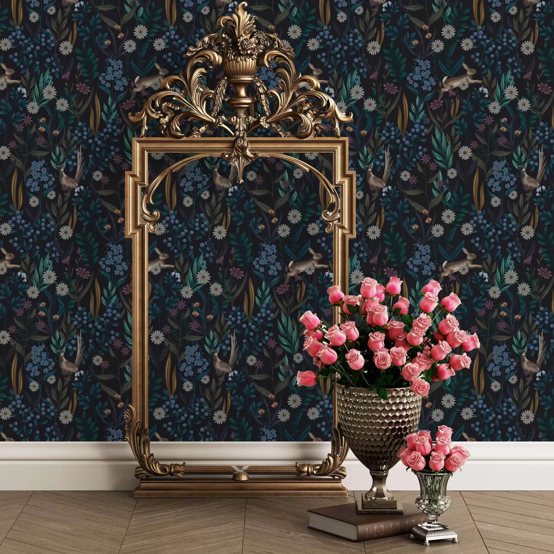 wall murals Мрачна шума са цвећем, зецем и птицом a00310