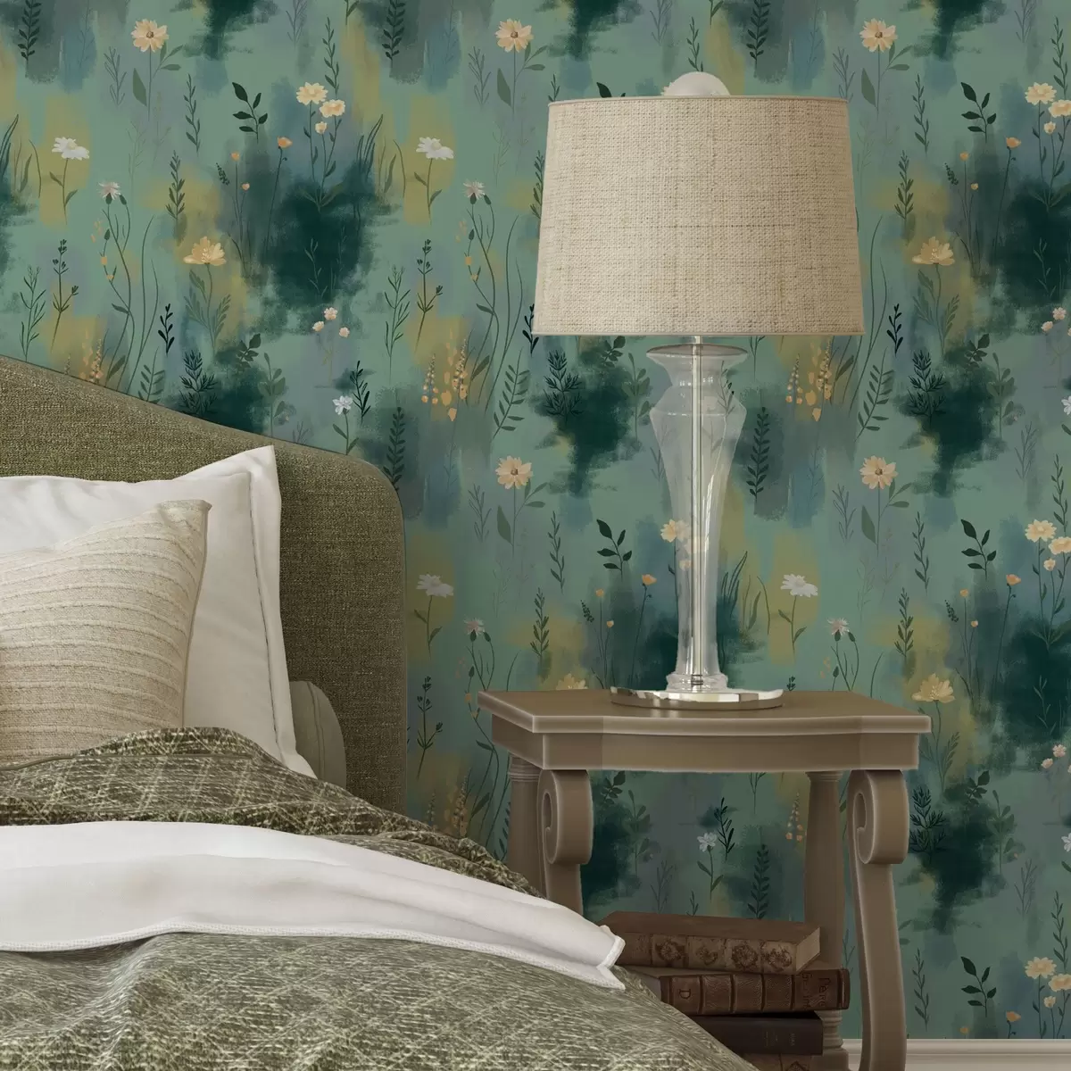 Позадина Акварелна апстракција са цвећем на зеленој позадини a00312