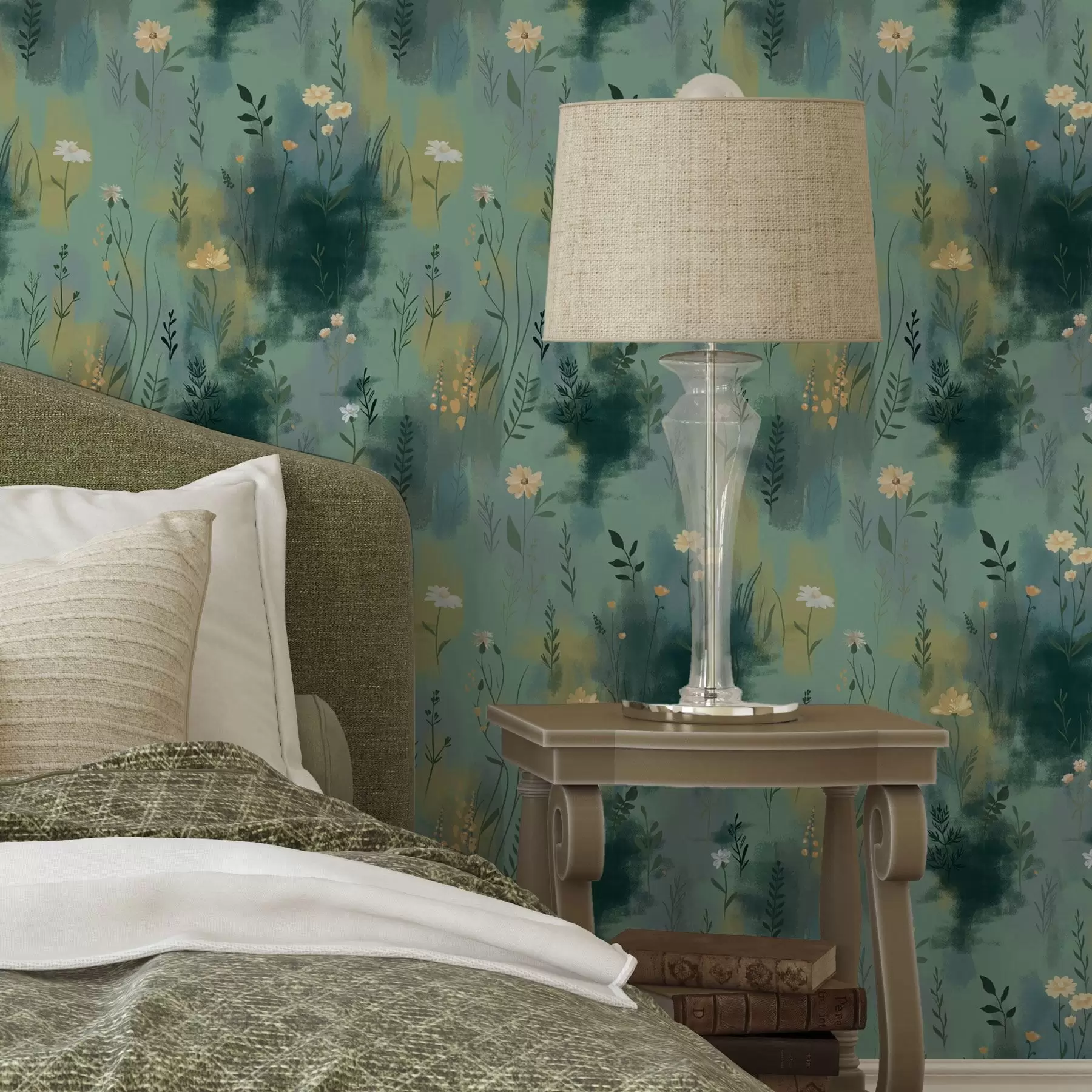 wall murals Акварелна апстракција са цвећем на зеленој позадини a00312