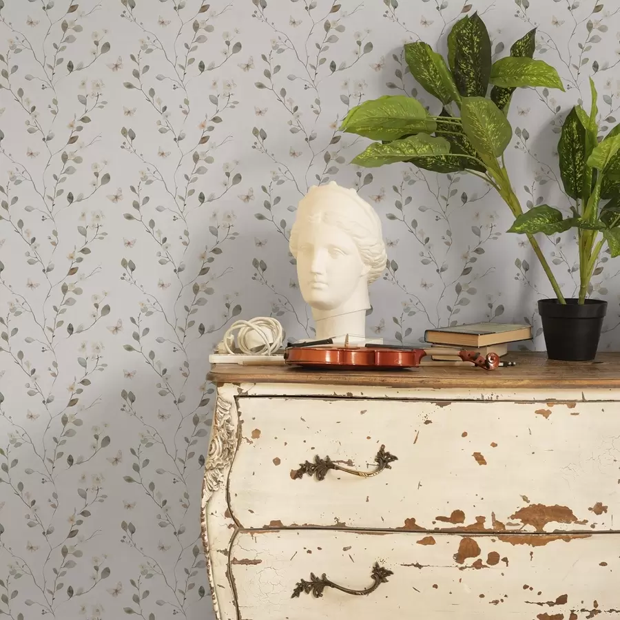 wall murals Танке гране са цвећем и лептирима на белој позадини a00342