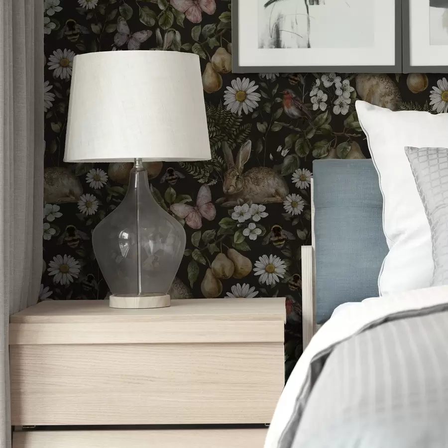 wall murals Реалистични зечеви, крушке, цвеће и инсекти на тамној позадини a00401