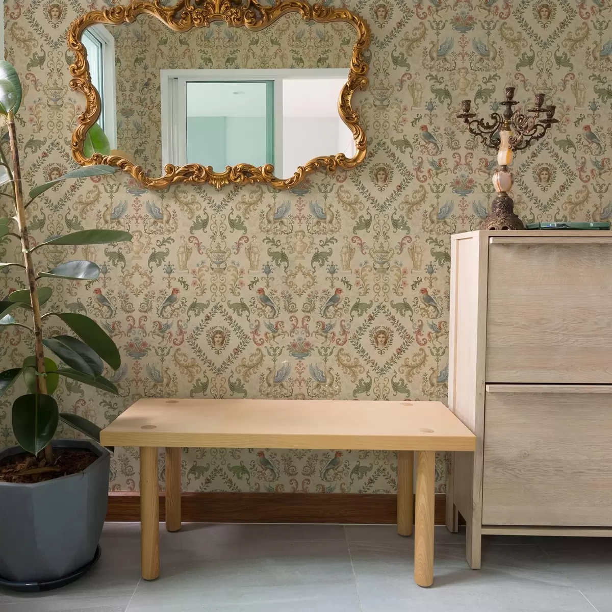 Позадина Винтаж украс са грифонима, цвећем и фигурама a00402