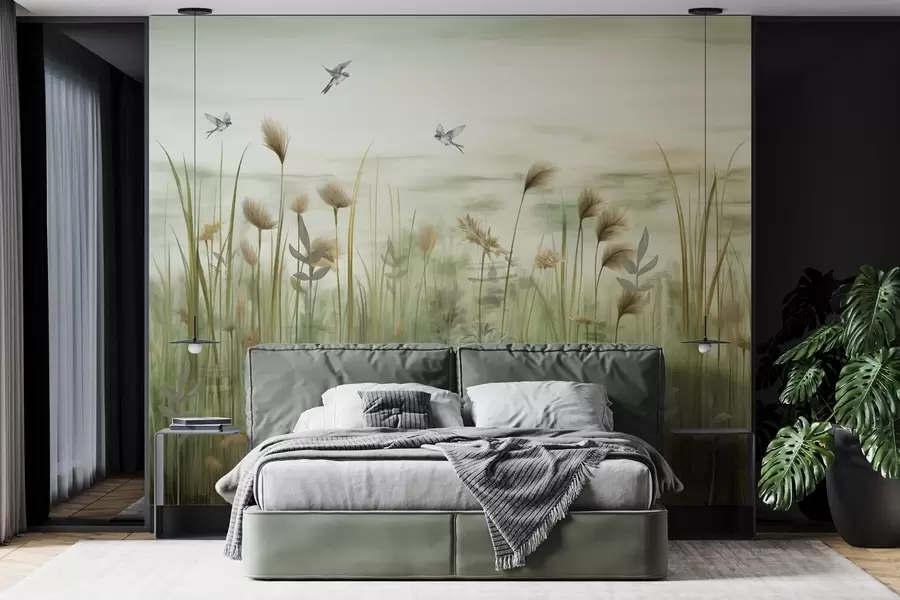 wall murals Травнати пејзаж са ластама уз меко небо w04258v1
