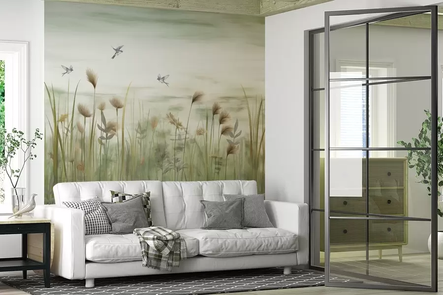 wall murals Травнати пејзаж са ластама уз меко небо w04258v1