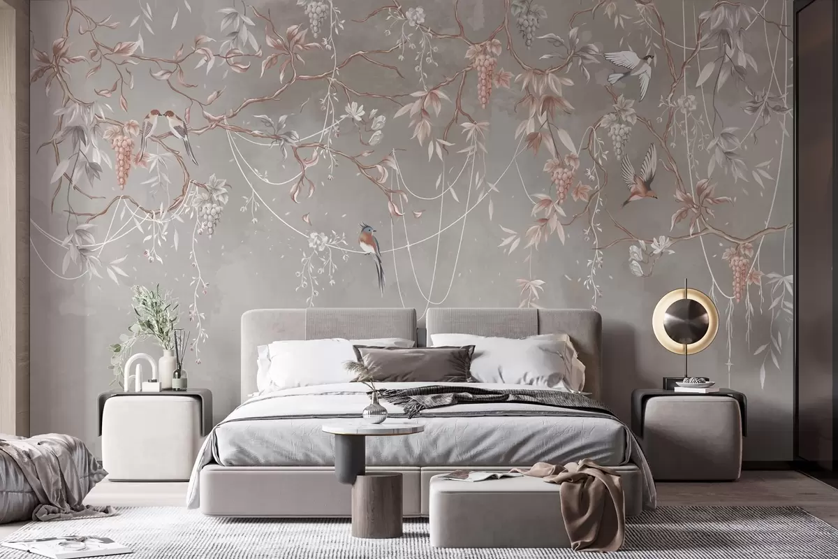 wall murals Гране са грожђем и птицама на топлој сиво-ружичастој позадини w04302