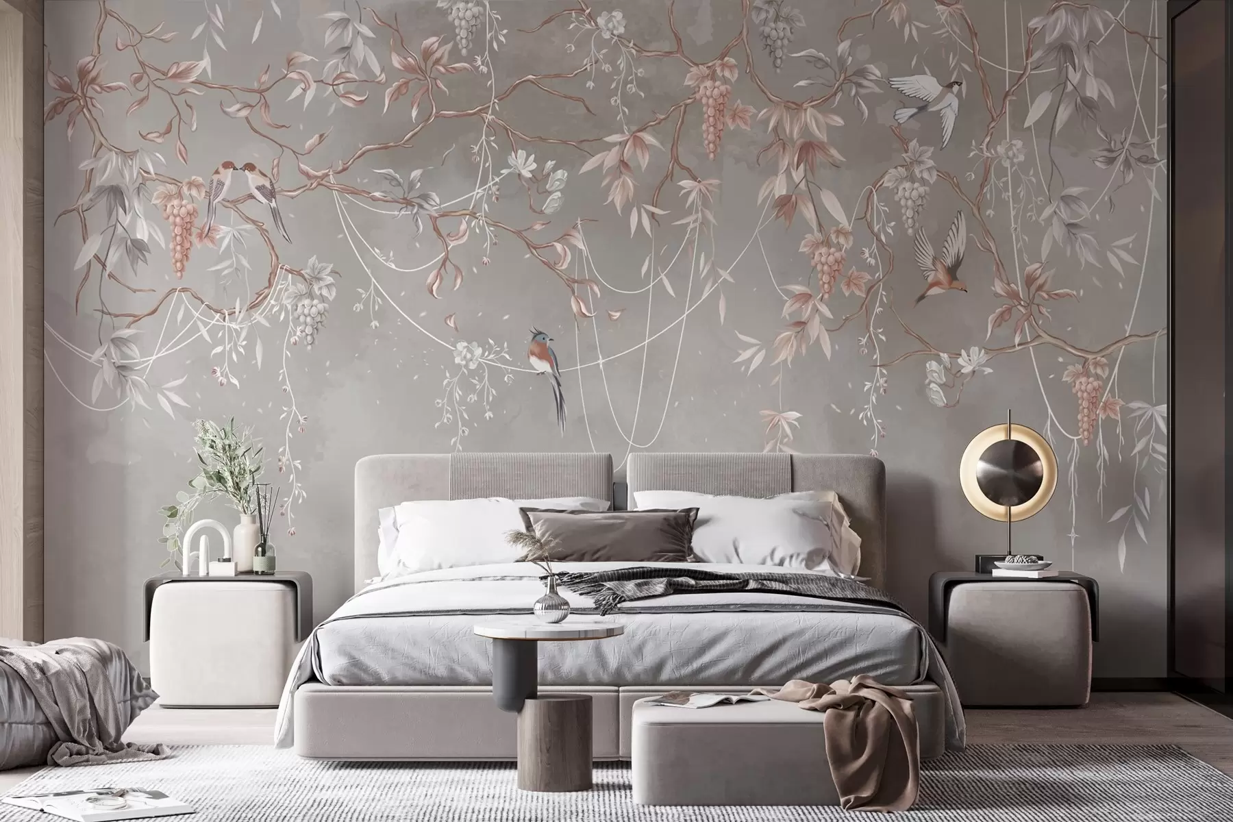 wall murals Гране са грожђем и птицама на топлој сиво-ружичастој позадини w04302