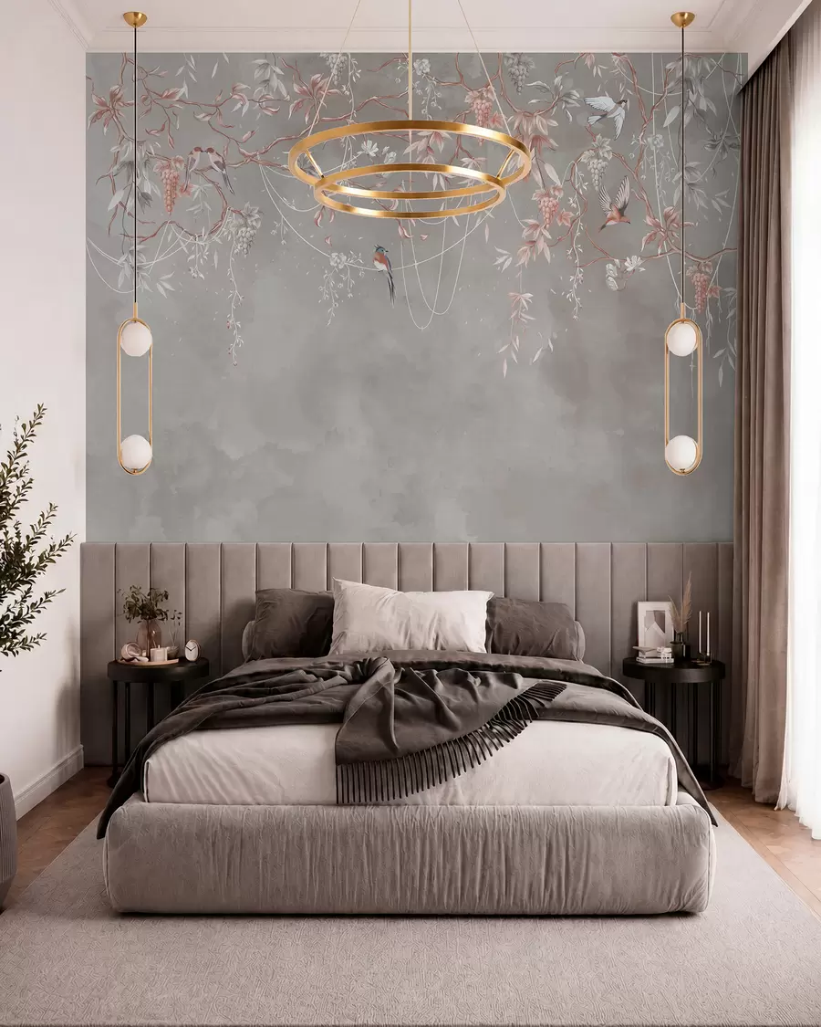wall murals Гране са грожђем и птицама на топлој сиво-ружичастој позадини w04302