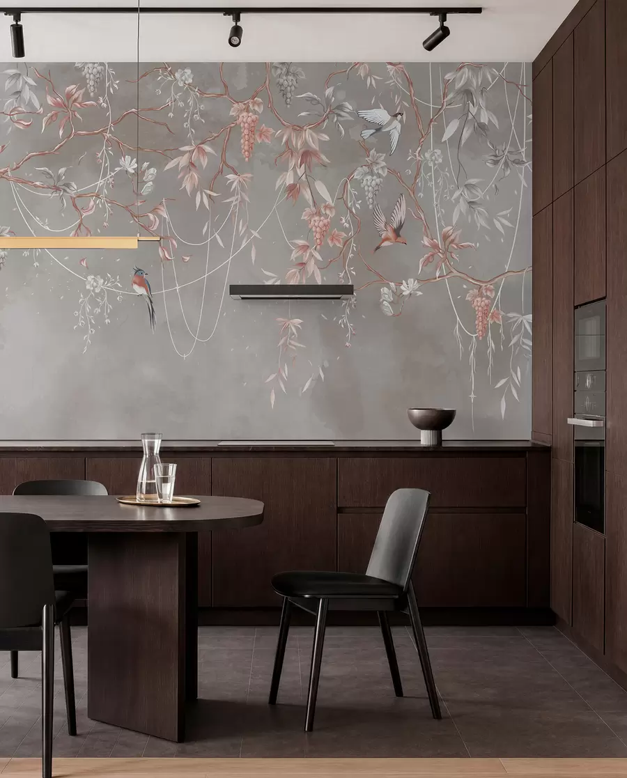 wall murals Гране са грожђем и птицама на топлој сиво-ружичастој позадини w04302