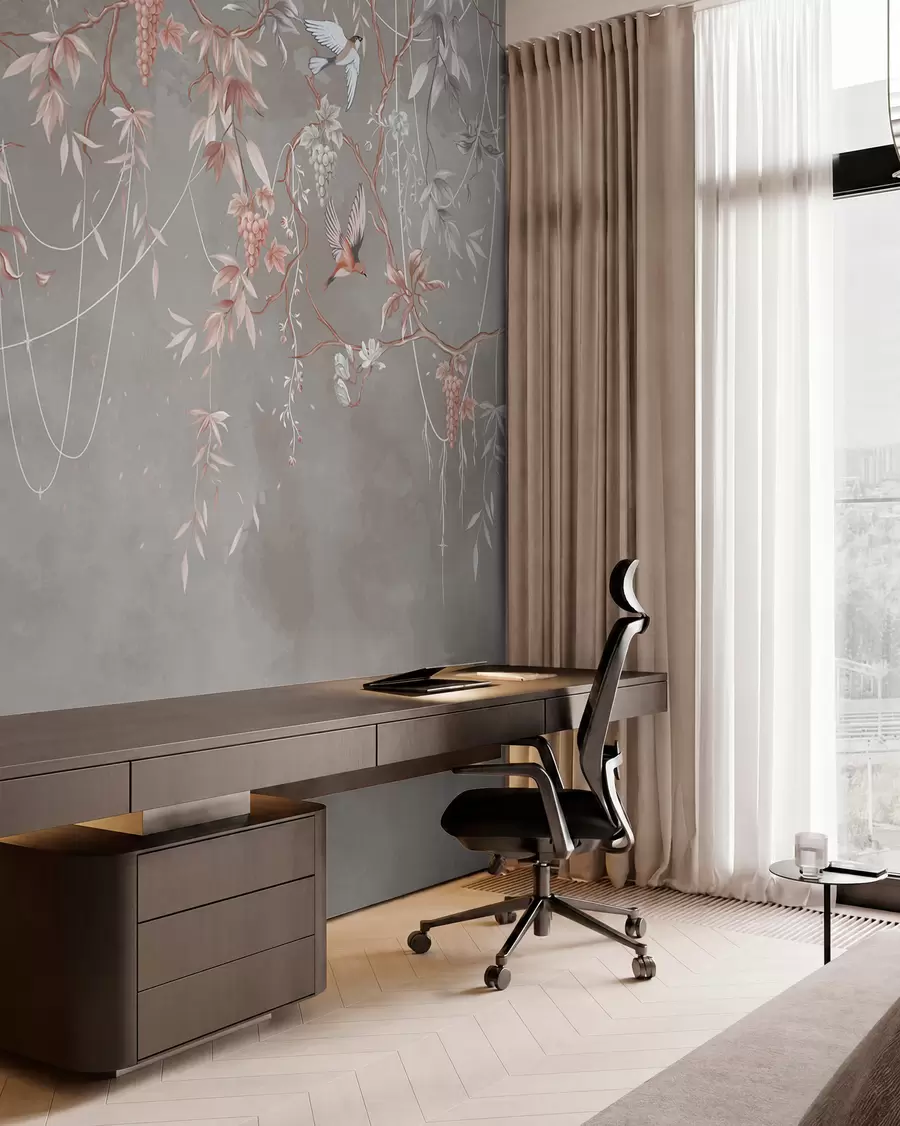 wall murals Гране са грожђем и птицама на топлој сиво-ружичастој позадини w04302