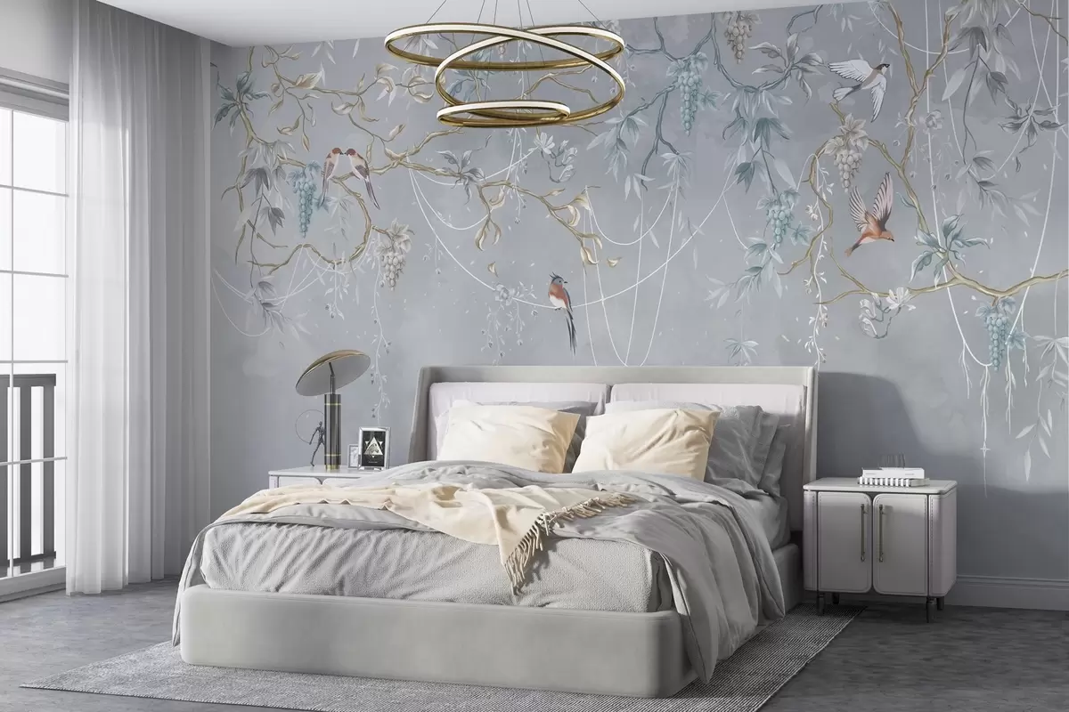 wall murals Хладна варијанта са плавом позадином и танким гранама w04302v3