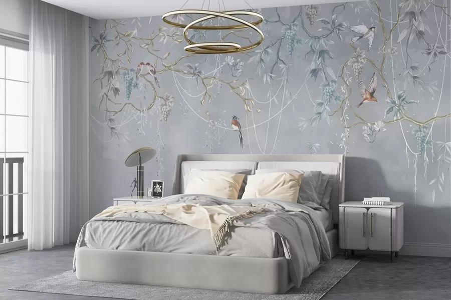 wall murals Хладна варијанта са плавом позадином и танким гранама w04302v3