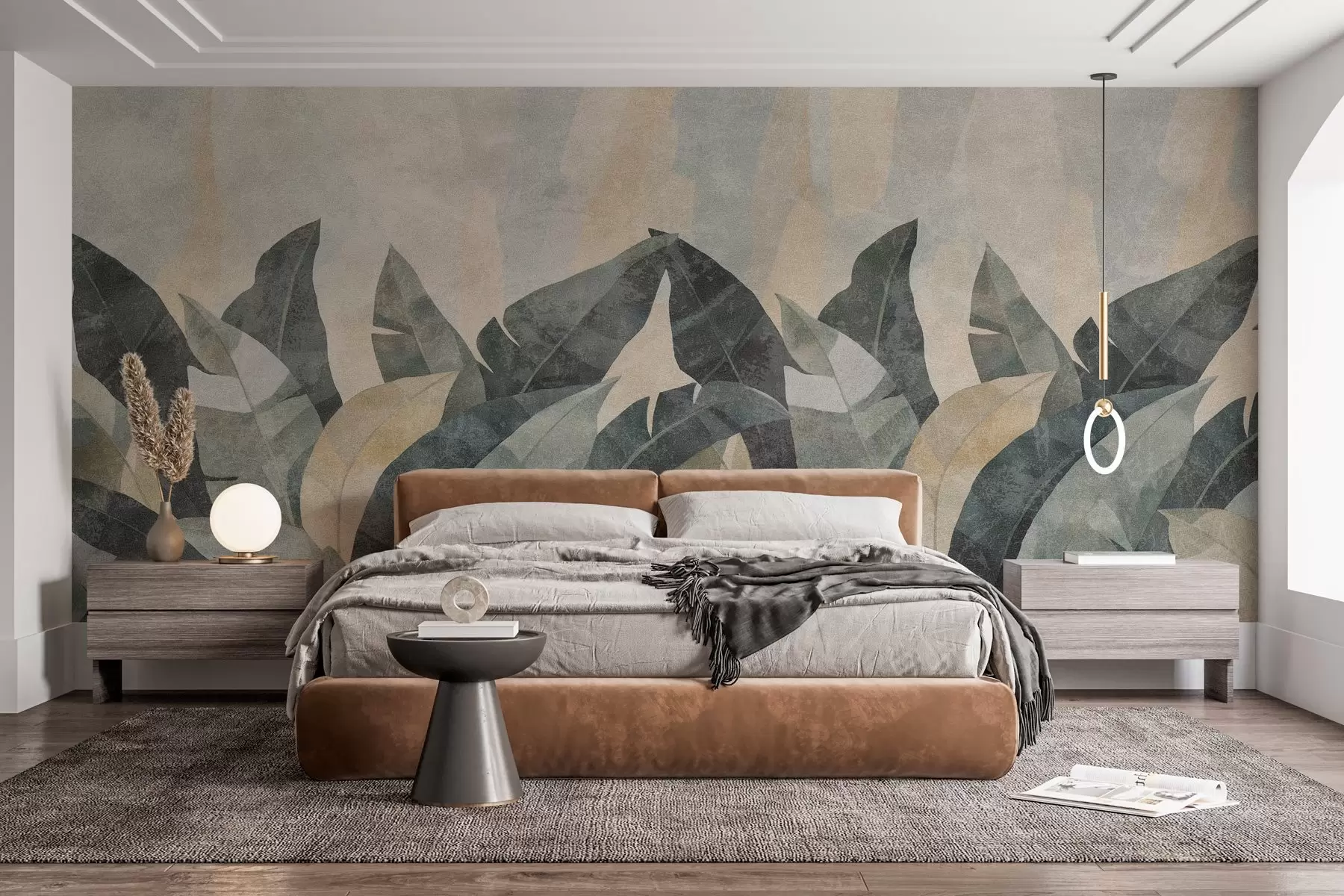 wall murals текстурирани листови банане у природним нијансама беж, зелене и сиве w04285