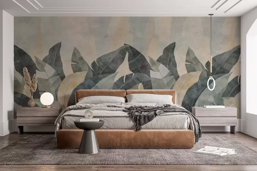 wall murals текстурирани листови банане у природним нијансама беж, зелене и сиве w04285