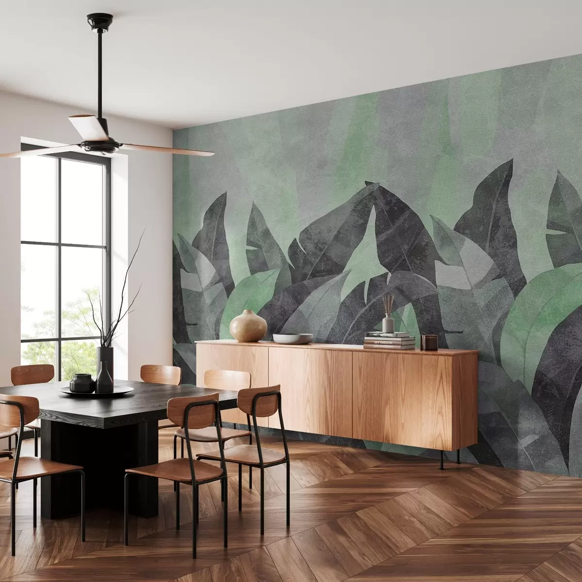 wall murals текстурирани листови банане у нијансама зелене и сиве w04285v1