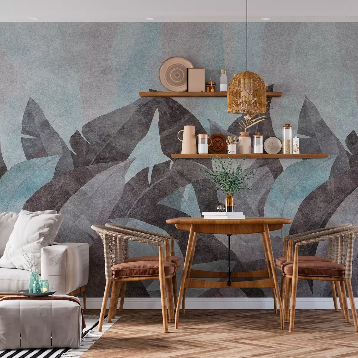 wall murals текстурирани листови банане у нијансама плаве и сиве w04285v2