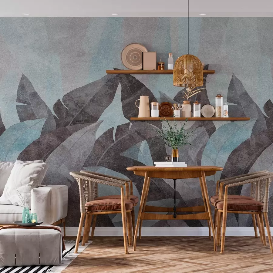 wall murals текстурирани листови банане у нијансама плаве и сиве w04285v2