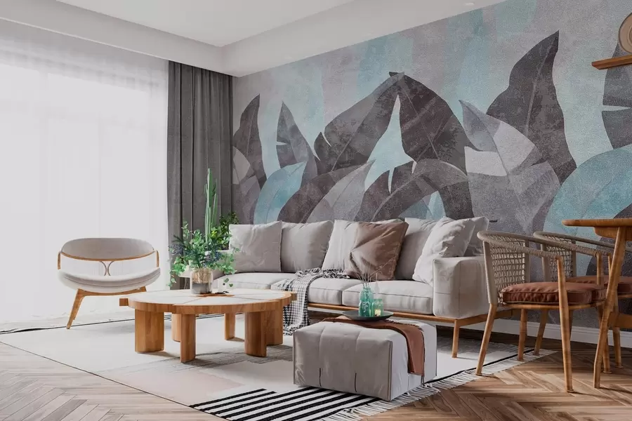 wall murals текстурирани листови банане у нијансама плаве и сиве w04285v2