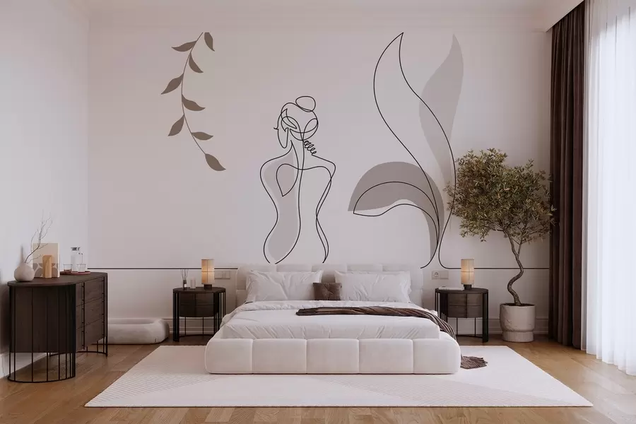 wall murals линеарна силуета жене и лишћа w04303