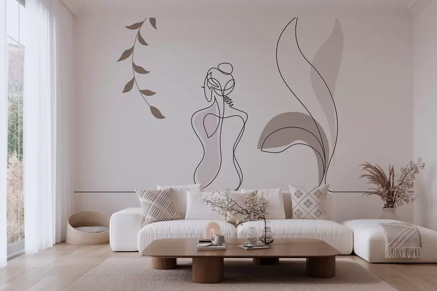 wall murals линеарна силуета жене и лишћа w04303