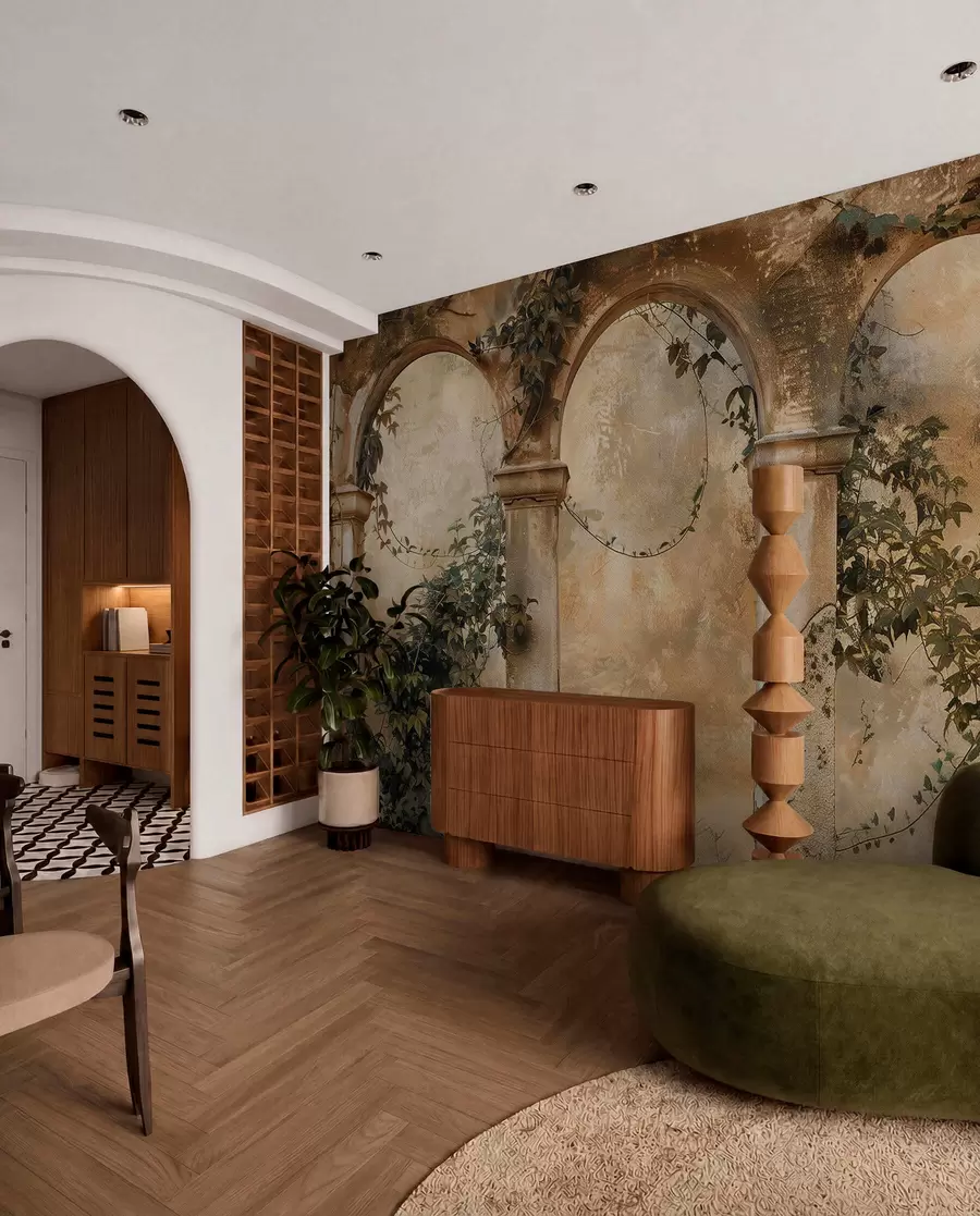 wall murals обојени ретро лукови са бршљаном w04304