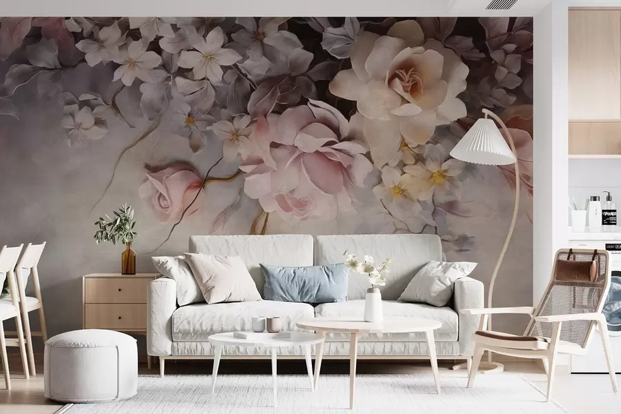 wall murals Велико цвеће виси низ зид на бетонској позадини w09184