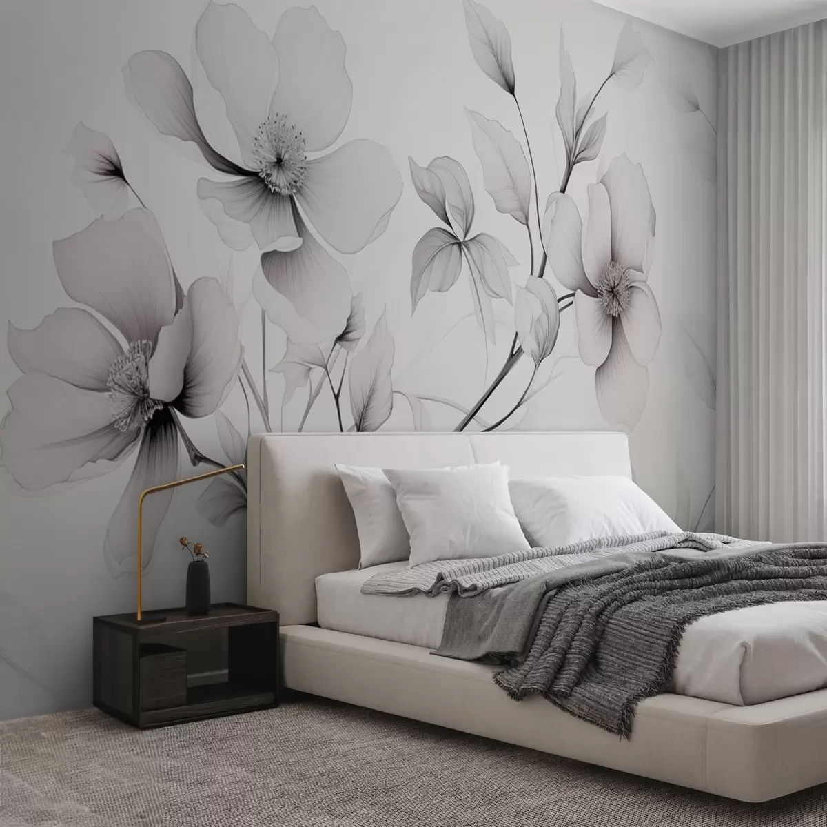 wall murals Црно-бело цвеће са елегантним линијама на сивој позадини w09271