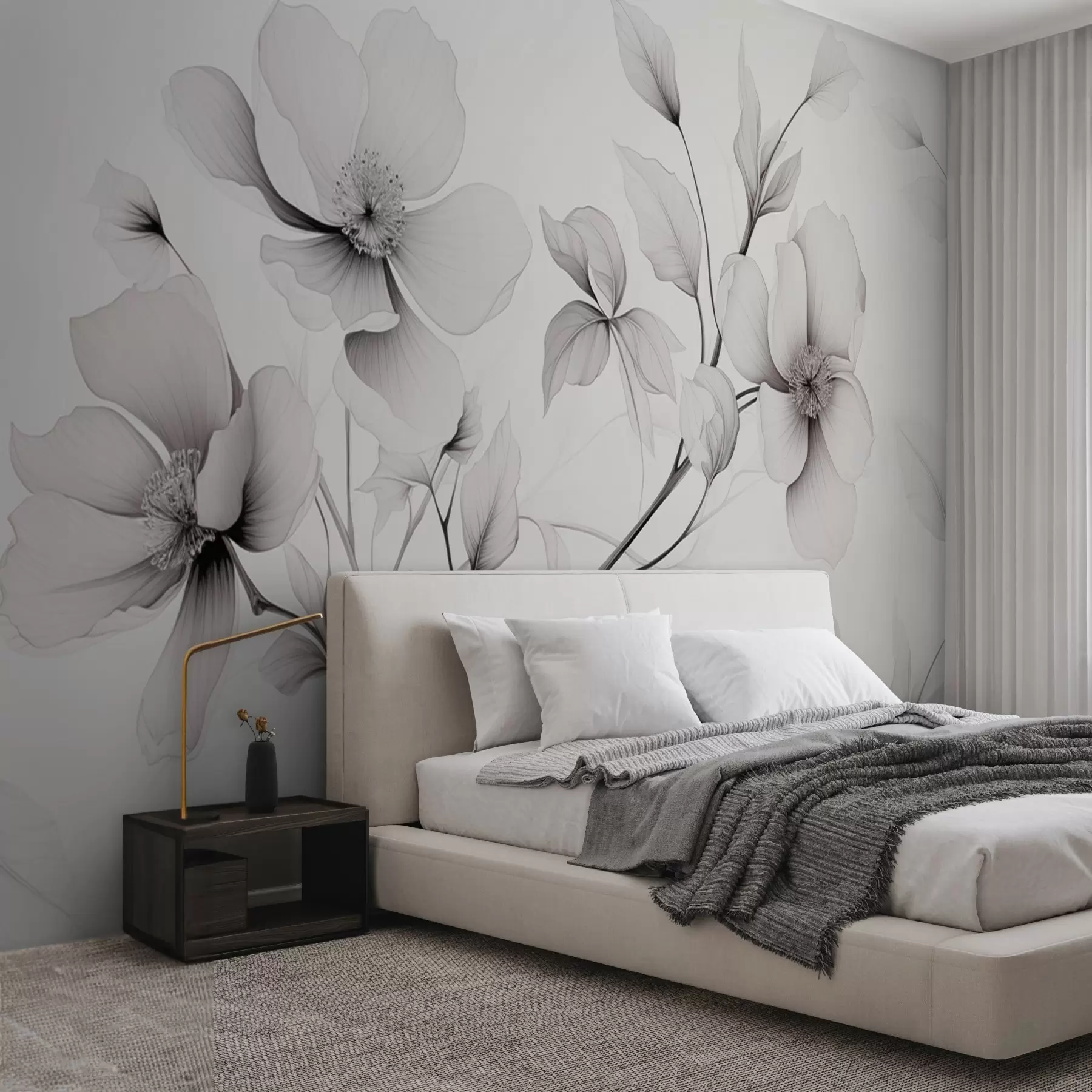 wall murals Црно-бело цвеће са елегантним линијама на сивој позадини w09271