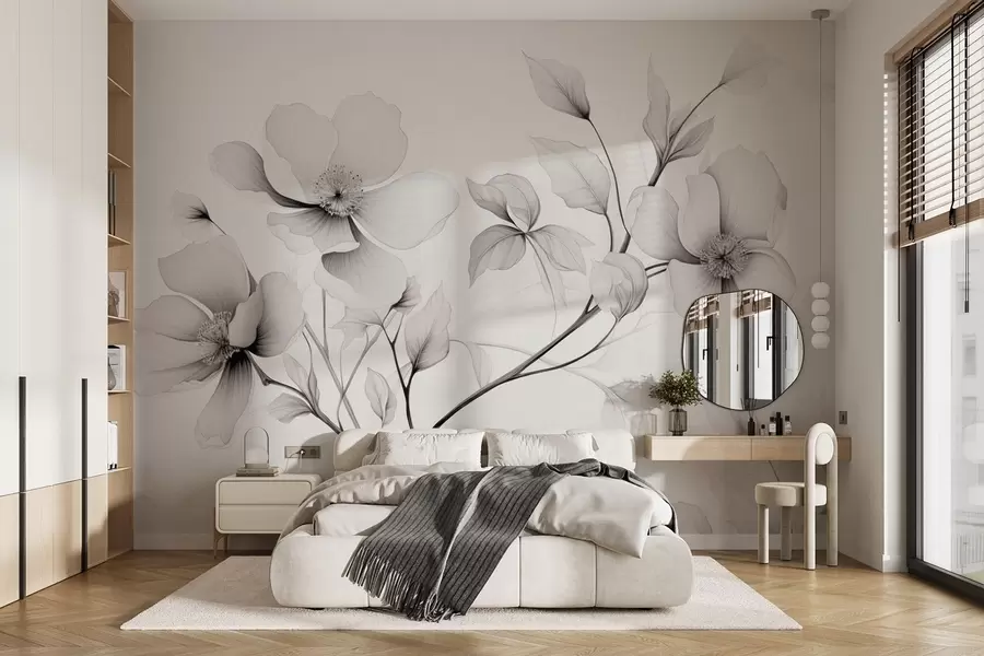 wall murals Црно-бело цвеће са елегантним линијама на сивој позадини w09271
