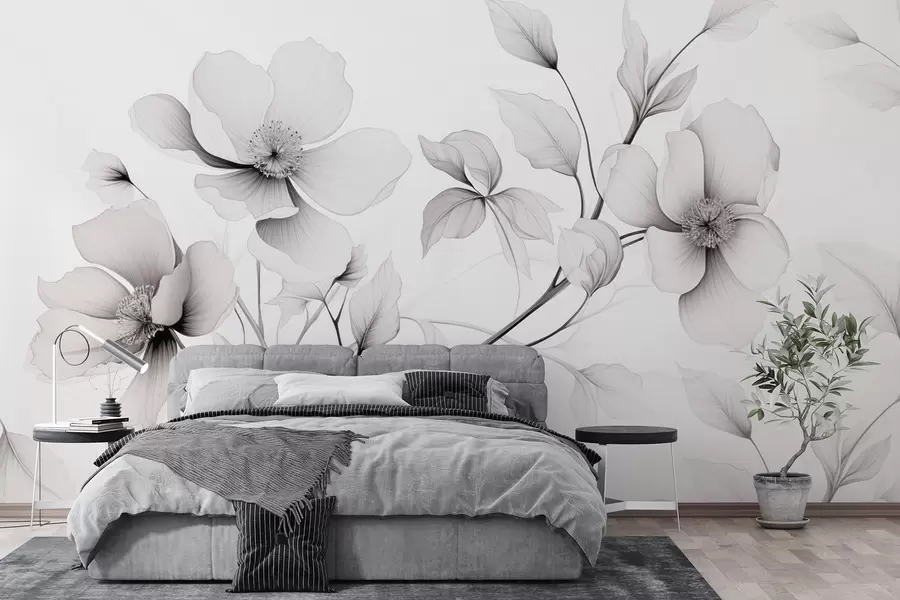 wall murals Црно-бело цвеће са елегантним линијама на сивој позадини w09271