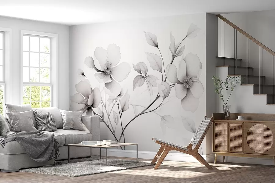 wall murals Црно-бело цвеће са елегантним линијама на сивој позадини w09271