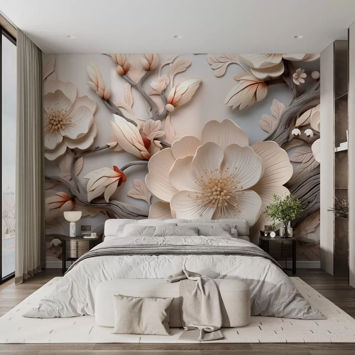 wall murals Волуметријско цвеће и гране у светлим тоновима w09272