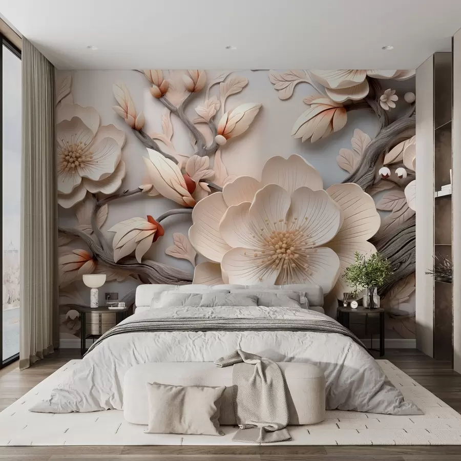 wall murals Волуметријско цвеће и гране у светлим тоновима w09272