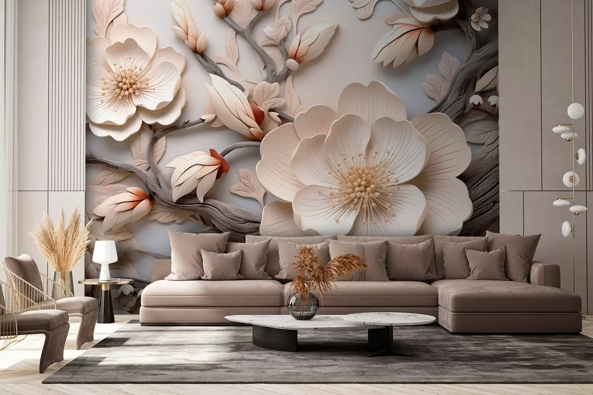 wall murals Волуметријско цвеће и гране у светлим тоновима w09272