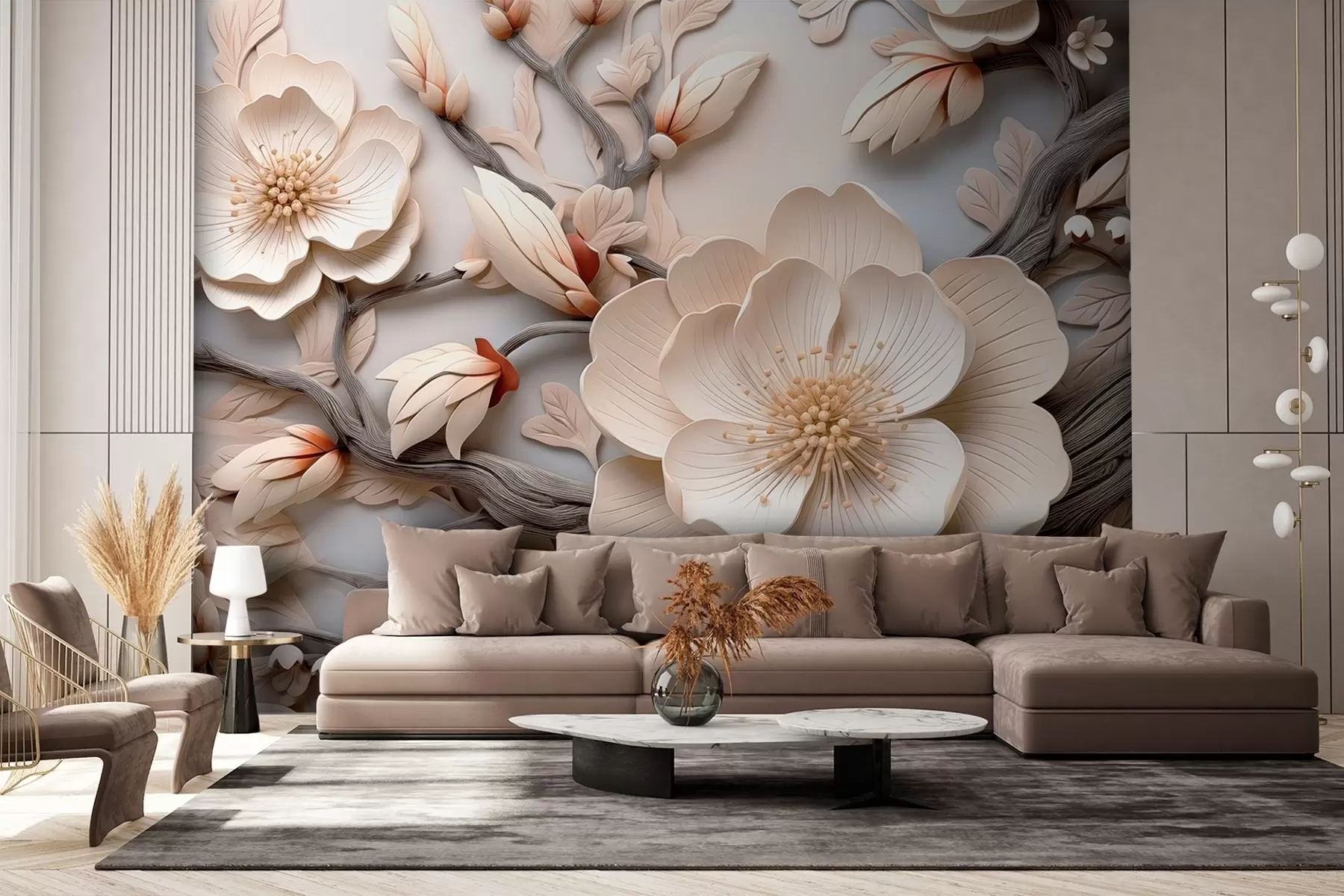 wall murals Волуметријско цвеће и гране у светлим тоновима w09272
