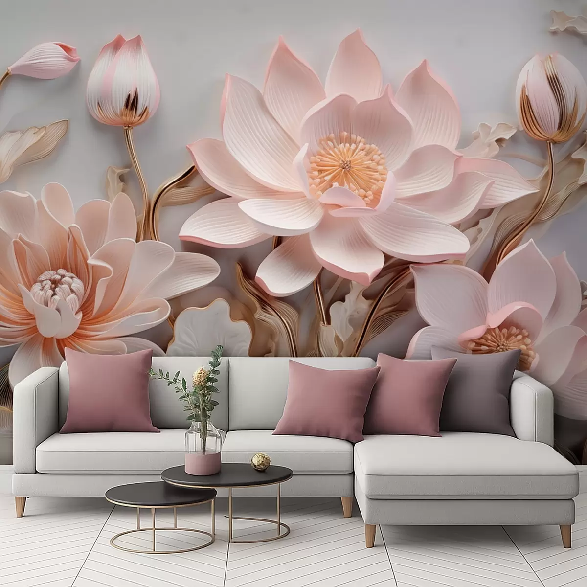 wall murals Волуметријски ружичасти цветови са жутим листовима w09277