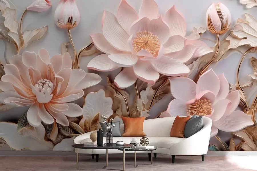 wall murals Волуметријски ружичасти цветови са жутим листовима w09277