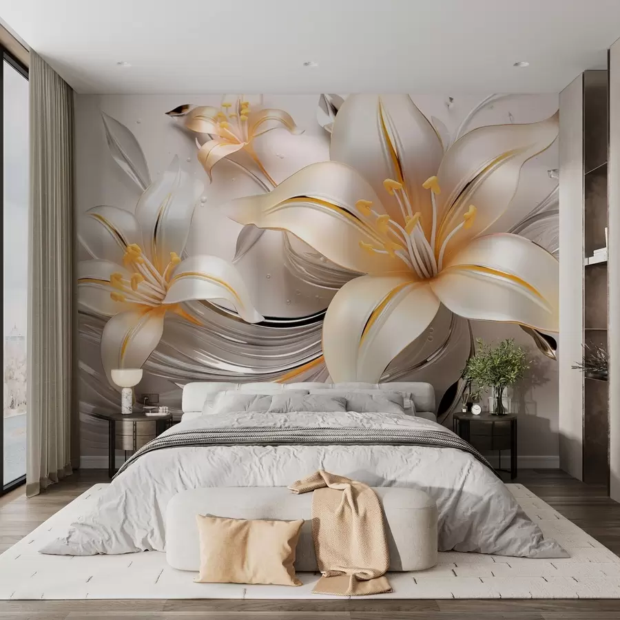 wall murals Жути љиљани са 3Д ефектом на светлој позадини w09278