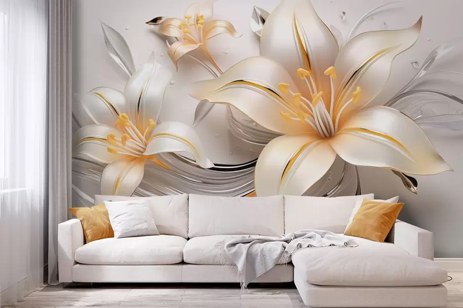 wall murals Жути љиљани са 3Д ефектом на светлој позадини w09278